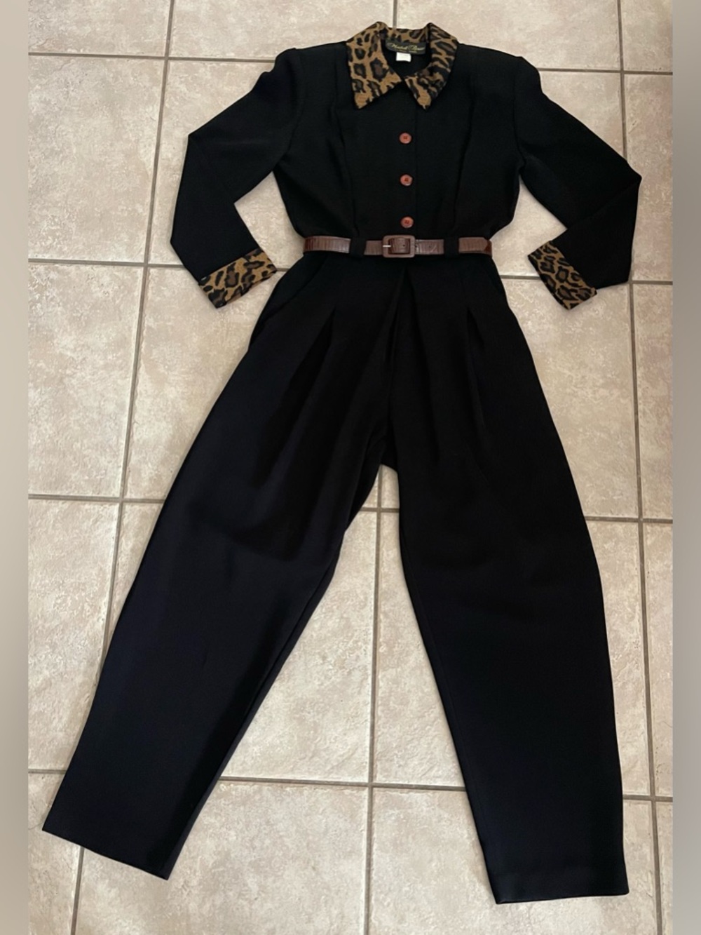 VTG Marshall Rousso Black Jumpsuit with Leopard Collar & Cuff, Size 8